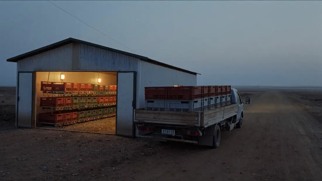 Un camión cargado de jabas de plástico se aleja de un galpón avícola al amanecer, con las puertas del galpón todavía abiertas y las luces encendidas dentro.
