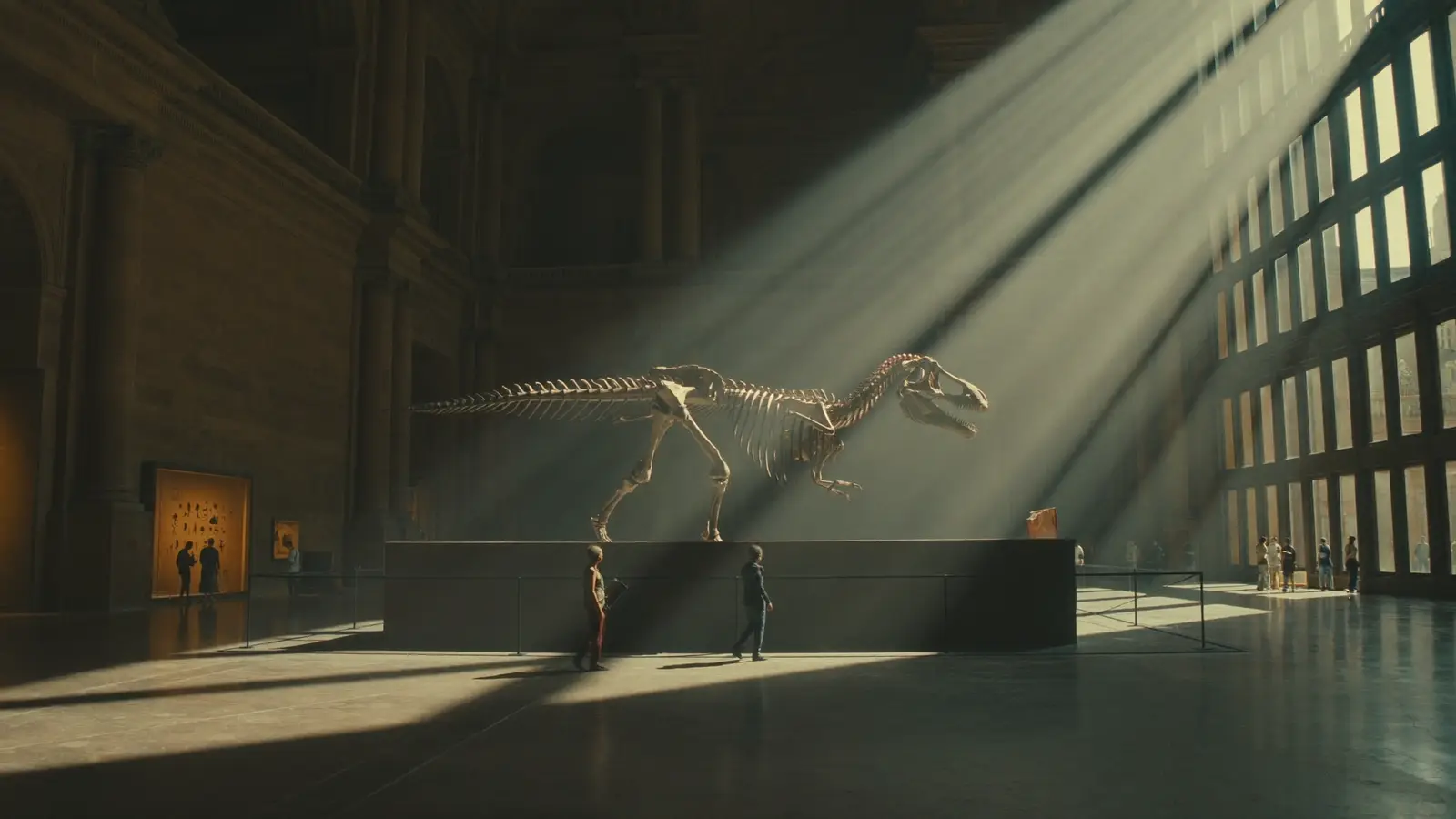 Nave de museo con un esqueleto de dinosaurio montado y haces de luz entrando en diagonal por un ventanal, con visitantes recortados abajo.