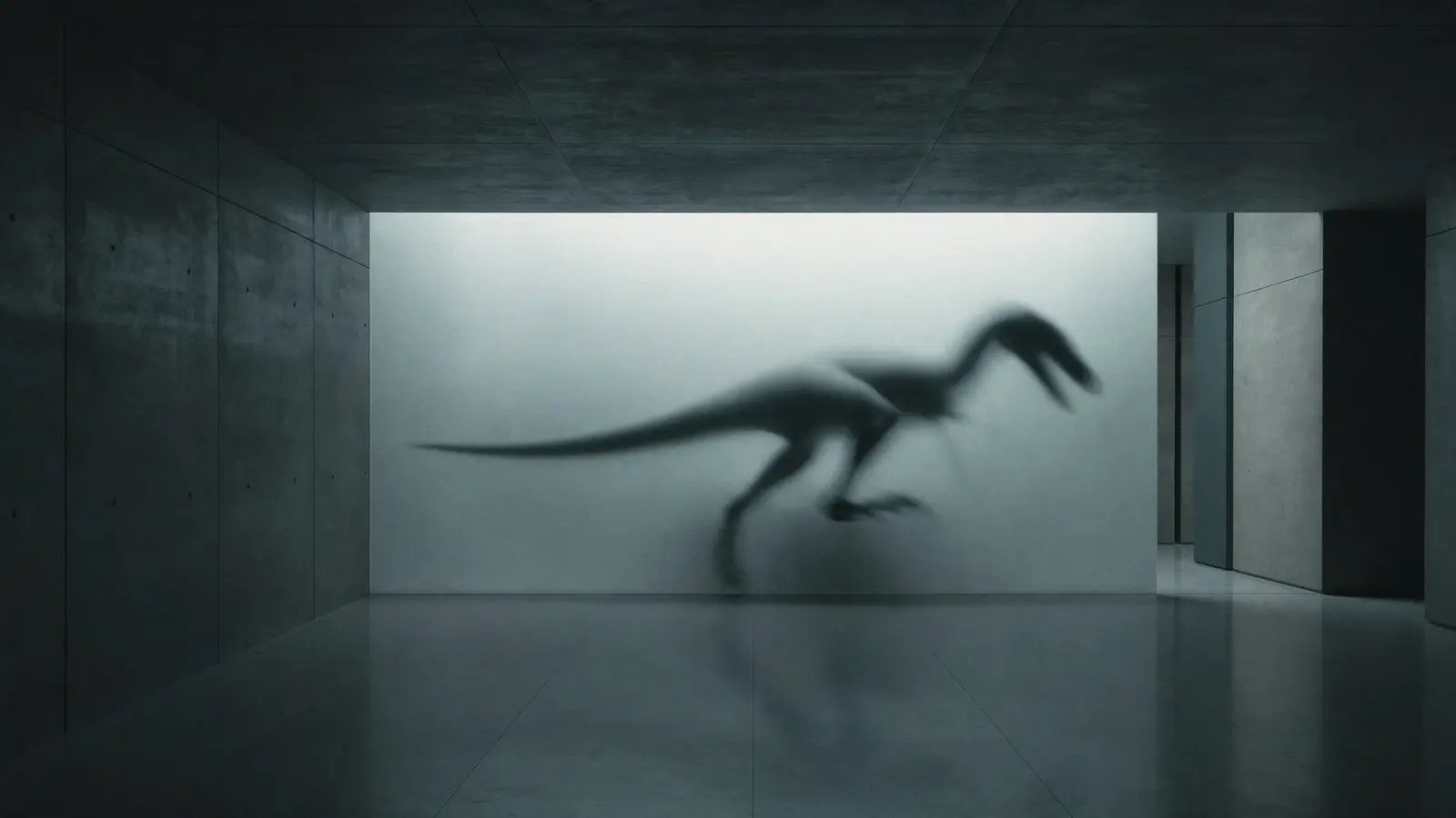 Silueta desenfocada de un dinosaurio corriendo tras unos paneles de vidrio esmerilado, en un pasillo de hormigón.