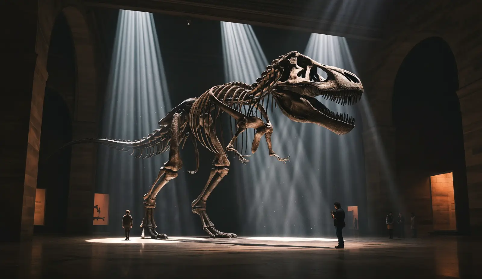 Esqueleto montado de tiranosaurio en una nave de museo en penumbra, con haces de luz cayendo desde ventanales altos.